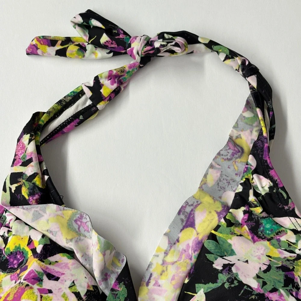 NWT ASSETS Women Tankini Top S Black Floral Power Suits Halter 1708 Slimming